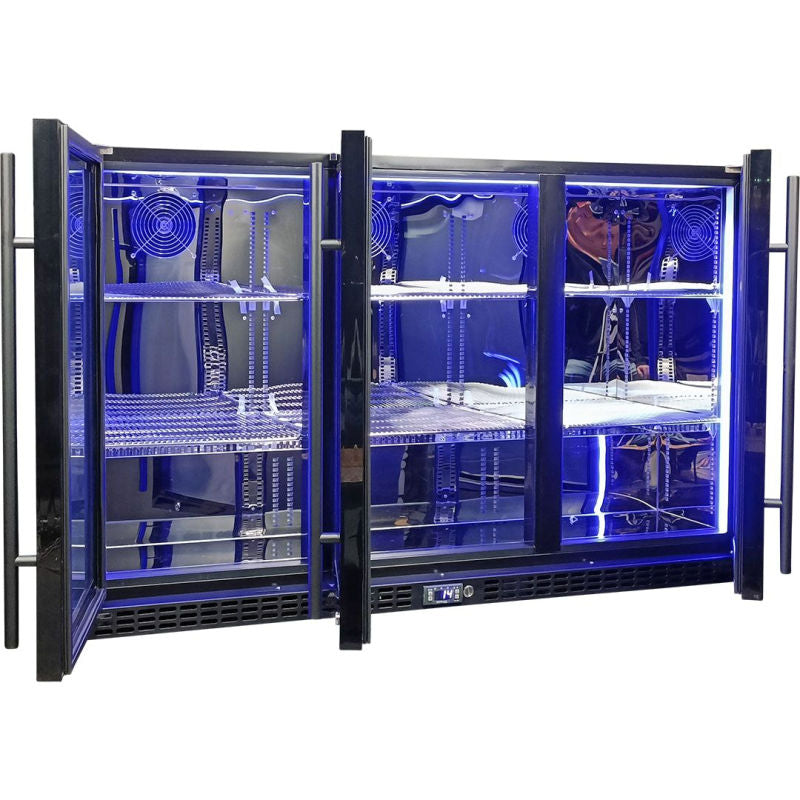Bar Fridge | 3 Door | Quiet Running SK386 doors open and empty with blue LED light