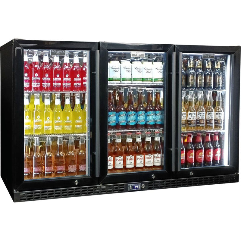 Bar Fridge | 3 Door | Quiet Running SK386 front view with white led and full of drinks