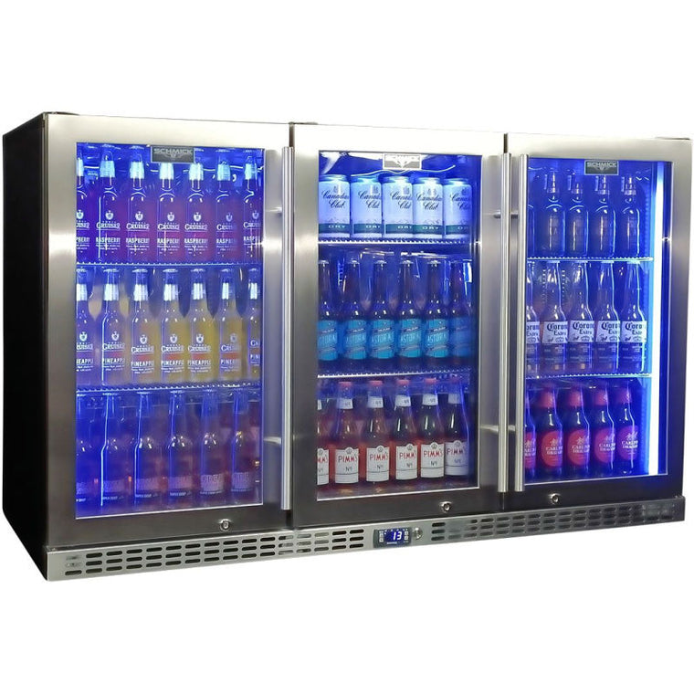 Bar Fridge | 3 Door | Stainless Steel SK386 front view with doors closed and full of drinks with Blue LED lights on