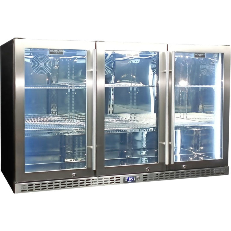 Bar Fridge | 3 Door | Stainless Steel SK386 doors closed with white LED lights on and empty