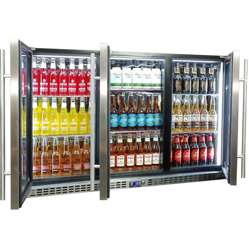 Bar Fridge | 3 Door | Stainless Steel SK386 doors open with white LED lights on and full of cold drinks